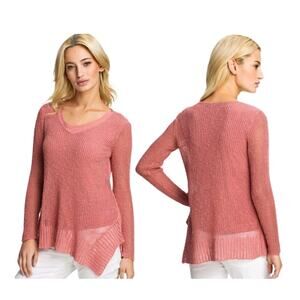 Eileen Fisher Pink Asymmetrical Side Hem Open Knit V-Neck Sweater – Medium